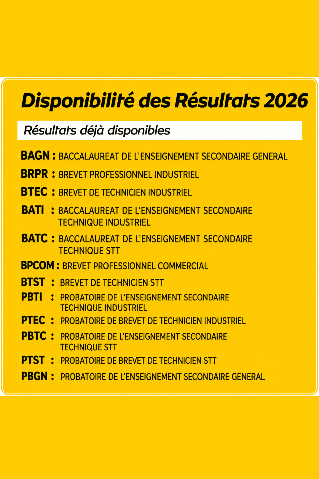 Disponibilité des résultats 2026